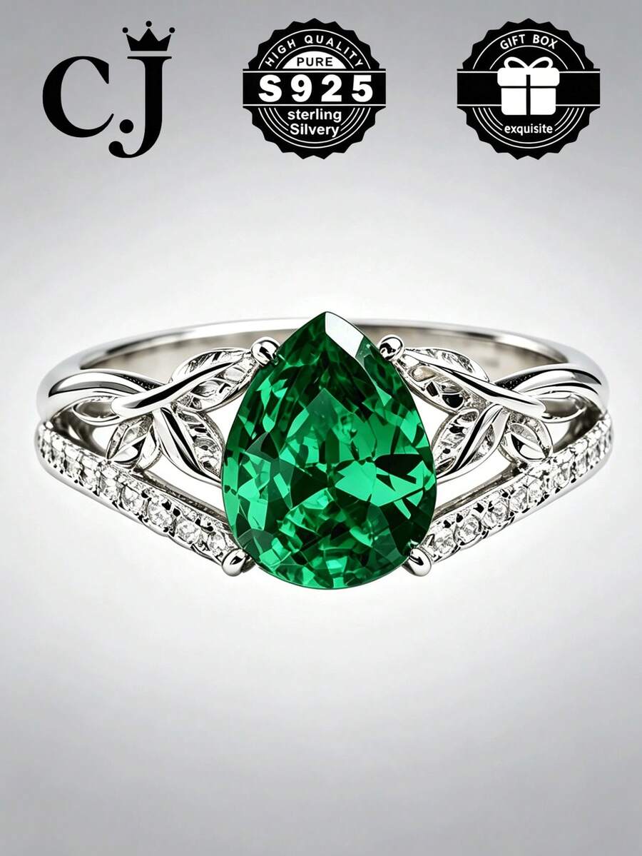 1pc S925 Sterling Silver Vine Design Artificial Emerald Ring, Essential For Daily Wear And Anniversary Gift, Comes With Gift Box