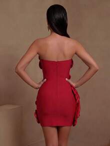Elegant Sexy Rhinestone 3D Floral Decor Strapless Evening Gown For Date Party Formal Dinner Red Wedding Fall - Red - View 6