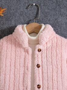 Girls' Casual Fashion Solid Color Vertical Stripe Stand Collar Single-Breasted Design Fleece Lined Thickened Jacket, Versatile For Autumn/Winter - Pink - View 4