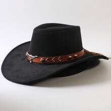 Women Men Cowgirl Hat, Bull Head Roll-Up Wide Brim Western Hat With Belt - D - View 1