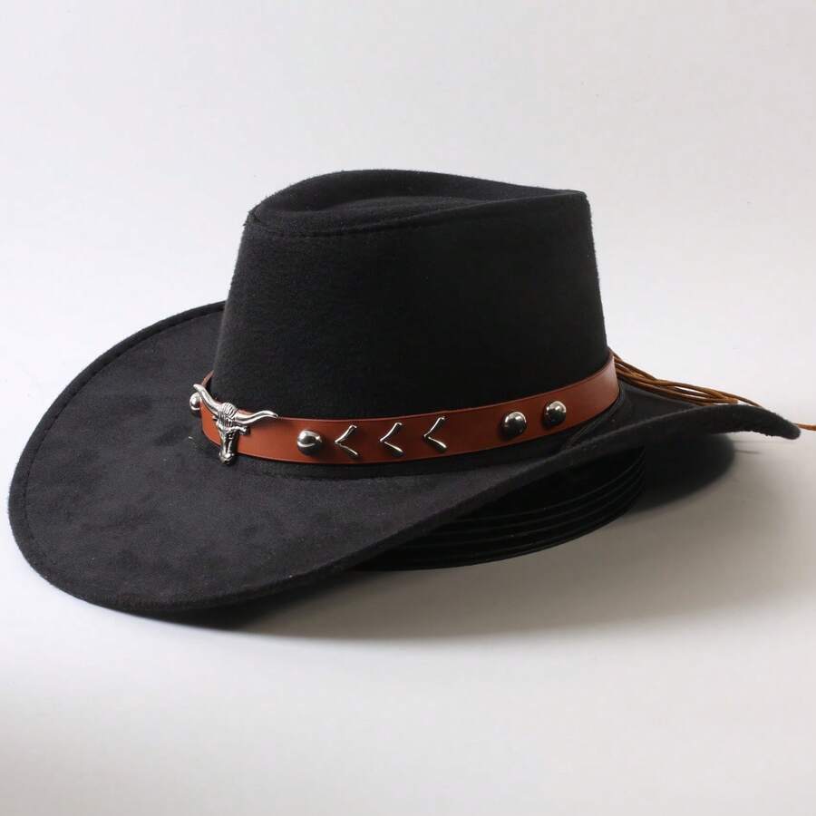 Women Men Cowgirl Hat, Bull Head Roll-Up Wide Brim Western Hat With Belt - D - View 1