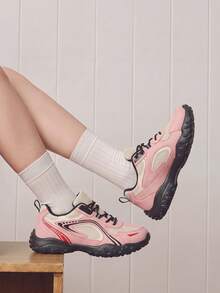 Women's Retro Thick Sole Mesh Patchwork Arch Support Casual Sports Shoes, Comfortable Commuting Lightweight Everyday Versatile Sneakers - Pink - View 5