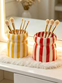 1pc Striped Ceramic Makeup Brush Holder, Cute Wavy Edge Makeup Brush Storage Cup, Multi-Color Vanity Desktop Organizer, Decorative Pen Holder, Home Bathroom Vanity Decor Storage Container - Multicolor - View 4