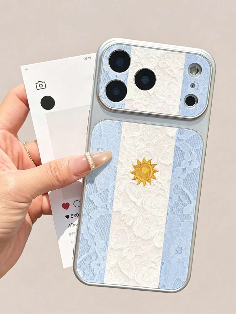 1pc Lace Sun Flag Soft Case Compatible With Apple 17ProMax/16Pro/Large Window Leather Texture/15/14 - Clear - View 1