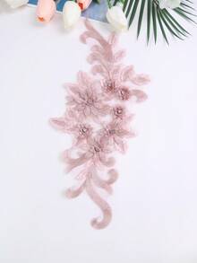XDH2490 3D刺繡貼花配珠飾，婚紗布料配件，網紗蕾絲DIY表演服裝刺繡補丁/長度：39CM/寬度：16CM - 豆沙色 - 查看 4