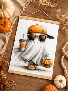 1pc Halloween Ghost Wall Hanging Decor, Seasonal Wall Art, White Ghost With Orange Bow, Fashion Glasses, Drink And Pumpkin Bucket, Suitable For Living Room, Entryway, Door Decor, For Adults, Guests, Haunted House, Trick Or Treat And Spooky Halloween Party Decoration - Multicolor - View 2