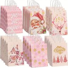 4/12/24pcs Pink Christmas Handbags, Christmas Element Cartoon Print Gift Bags, Multi-Scenario Companion Gift Storage Bags, Christmas Birthday Party Universal Handheld Packaging Bags - Pink - View 7