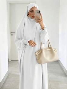 Solid Color Loose One-Piece Hijab Long Robe, Elastic Ribbed Cuffs Wide Sleeve Elegant Jilbab Robe, Muslim Women Daily Prayer Casual Outfit - Multicolor - View 13
