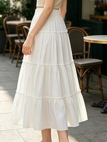1PC Versatile Soft Mid-Calf A-Line Loose Fit Skirt, Flattering For All Leg Types White - White - View 7