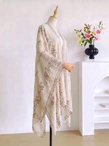1件優雅花卉刺繡開襟女款和服披肩，沙龍裙，春夏波希米亞風外套，海灘度假防曬，裝飾刺繡開襟衫，適合日常穿著，禮品首選 - 米色 - 查看 3