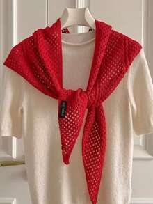 1件女款時尚秋冬保暖針織披肩圍巾 三角披肩 幾何鏤空透氣居家披肩 - 純色-白色 - 查看 6