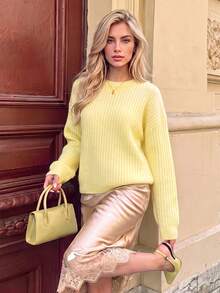 Nicenter Women's Fall Winter Pastel Yellow Vertical Rib Wool Blend Crew Neck Drop Shoulder Long Sleeve Knit Sweater, For Office Daily Home Date - Yellow - View 7