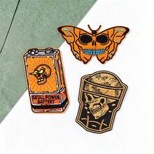3件裝復古牛仔骷髏熨燙刺繡貼布，橘色蛾蝶貼花，適用於牛仔外套、背心、背包，復古龐克哥德風服飾DIY機車服飾時尚配件 - 多色 - 查看 2