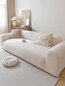 1pc Jacquard Solid Color Elastic Full Coverage One-Piece Sofa Cover, Minimalist Pet-Friendly Anti-Slip Anti-Scratch, Suitable For All Seasons, Machine Washable, Holiday Home Decor Dust-Proof Sofa Protector - Beige - View 5