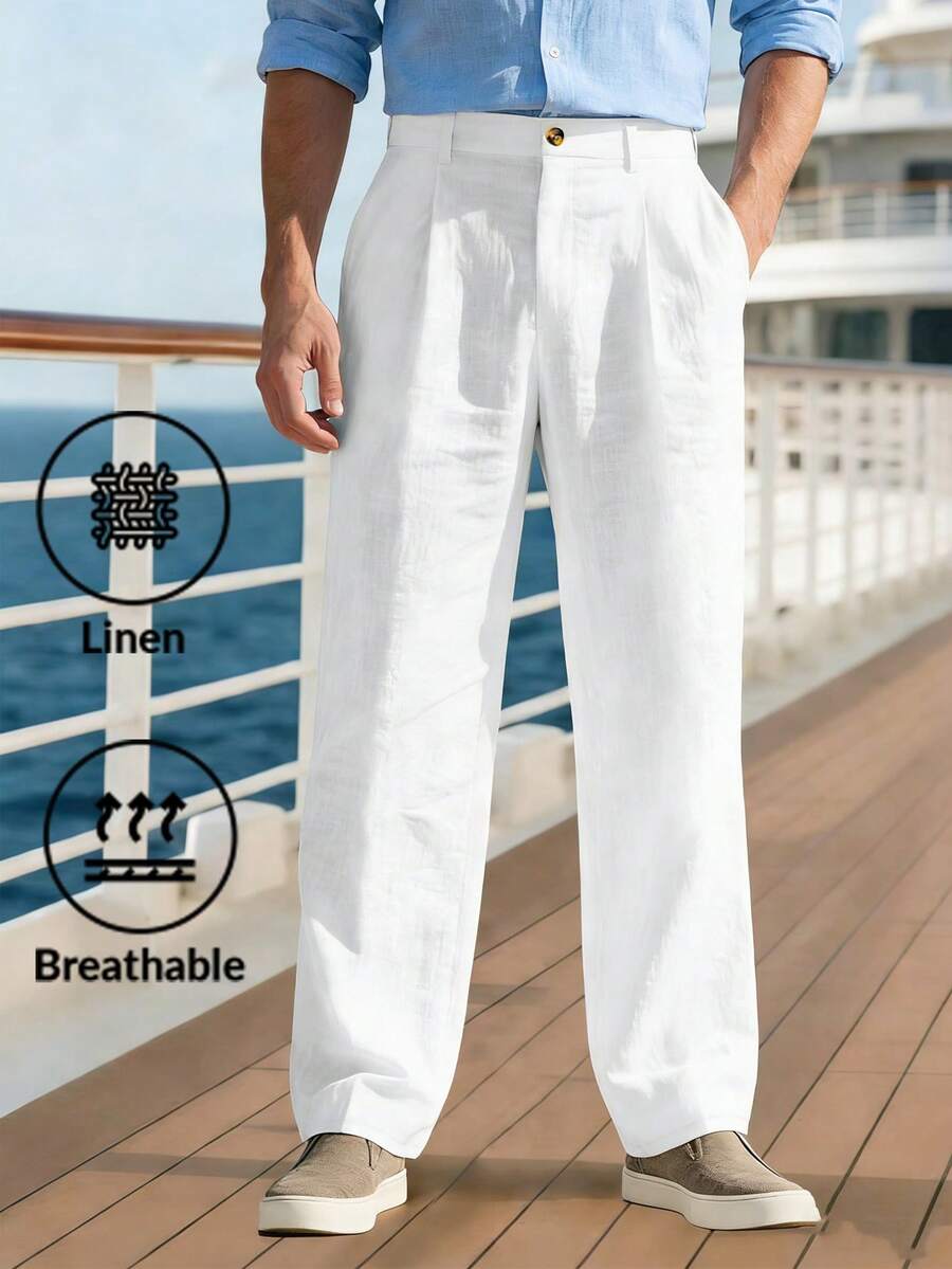 Men's Linen Casual Loose Fit Business Suit Pants, Straight Leg, Solid Color, Suitable For Spring And Autumn - White - View 1