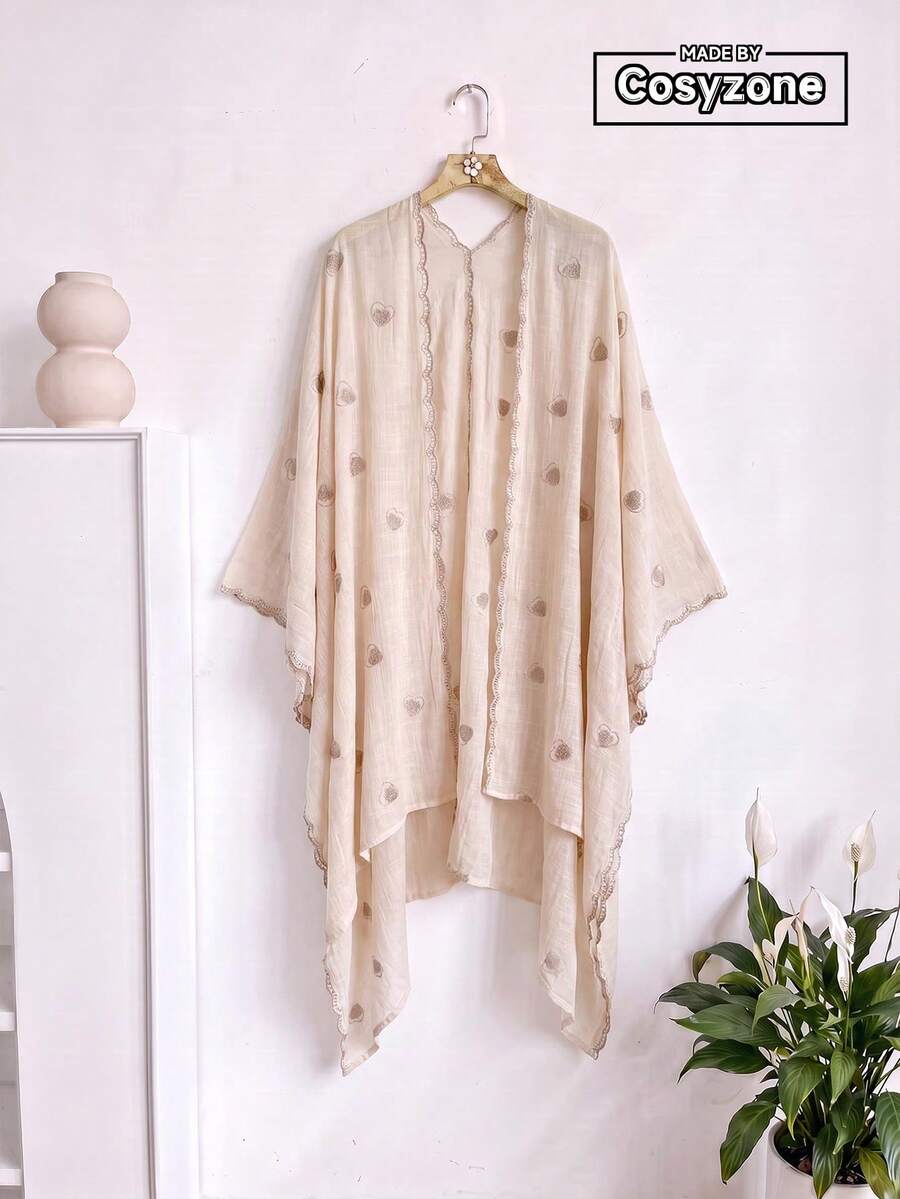 1pc Minimalist Heart Pattern Embroidered Split Shawl Kimono Sarong, Bohemian Style Spring/Summer Beach Vacation Sun Protection Cover-Up Cardigan, Suitable For Daily Wear, Perfect Gift Choice - Beige - View 1
