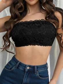 1pc Non-Slip Lace Fabric Back Cross Glitter Strap Bandeau Bra - Black - View 3