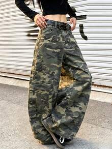 1pc Japanese Street Style Women's Multi-Pocket Curved Leg Loose Comfortable Wide Leg Jeans Long Pants (This Product Does Not Include Belt/Accessories) - Green - View 2