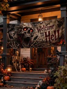 1件裝黑紅配色「Welcome To Hell」歡迎來到地獄橫幅，哥德恐怖風聚酯纖維長方形掛旗，附巨型骷髏、發光眼睛、烏鴉、蝙蝠與骷髏手，適用萬聖節門廊、鬼屋、派對、酒吧、牆面及戶外居家裝飾 - 多色 - 查看 3