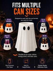 1pc Cute Ghost Design Beverage Can Cooler Sleeve, Flexible Fit For Multiple Can Sizes, Reusable Halloween Insulated Sleeve, Holiday Party Home Desktop Office Gathering Decoration Gift - White - View 3