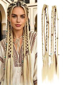 2pcs Handmade Bohemian Style 20 Inch Clip-In Hair Extensions, Bohemian Dreadlock Style, With Daily Wear Beads And Exquisite Accessories, With Claw Clips,Halloween - Multicolor - View 8