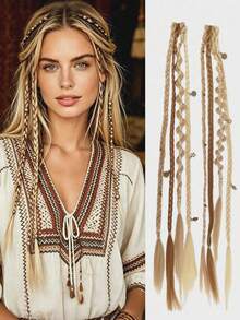 2pcs Handmade Bohemian Style 20 Inch Clip-In Hair Extensions, Bohemian Dreadlock Style, With Daily Wear Beads And Exquisite Accessories, With Claw Clips,Halloween - Multicolor - View 11