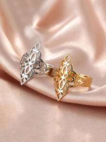TEAMER 1pc Fashion Women Stainless Steel Hollow Flower Open Adjustable Ring, Versatile Accessory, Unisex Style, Gift For Friends - Fashion Series - View 1