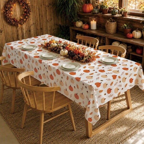 1PC Autumn Pumpkin Maple Leaf Acorn Printed Pattern Tablecloth, Fresh Warm Tone Harvest Dining Table Cloth 140*220cm/140*180cm/140*140cm/90*140cm, Printed Polyester Material, Fall Decor, Table Decor, Home Decor, Kitchen Decor, Table Cloth Rectangle, Table Cloth Square, Home Decor, Suitable For Picnic, Camping, Party, Restaurant Buffet, Home Decoration, Dining Table Desktop Surface Decoration, Home DIY And More