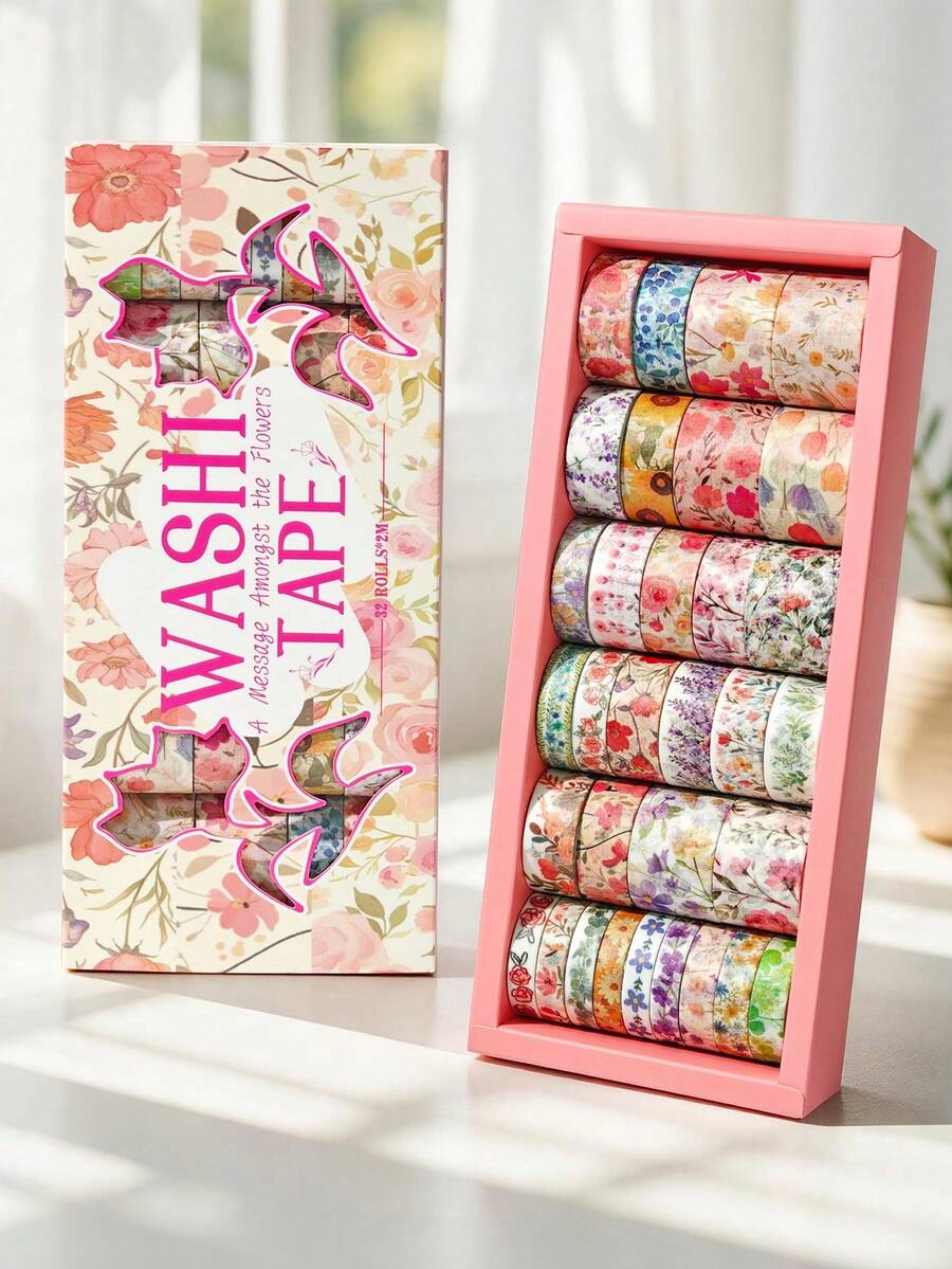 32 Rolls Floral Washi Tape Set, Fresh Floral Pattern Multi-Size Decorative Tape Gift Box For Planner, DIY Sticker Border Background Material Collage Stationery Gift - 1 Set - View 1