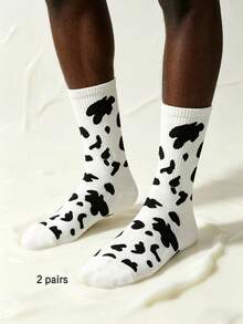 3 Pairs Unisex Black & White Cow Print Mid-Calf Socks, Street Style Casual Socks Suitable For All Seasons - Multicolor - View 10