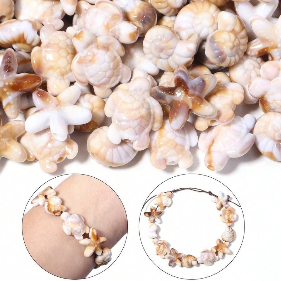 150Pcs Ocean Themed Acrylic Loose Beads, Conch Starfish Turtle Shaped Beige Beads For DIY Jewelry Making
