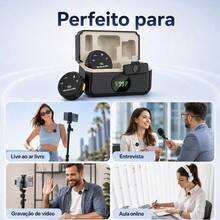 Kit 2 Em 1 Microfone Profissional De Lapela Duplo Sem Fio Compatível Com Smartphone Celular Usb Android Type-C iOS Lightning Bluetooth Tipo C Case Estojo Digital De Carregamento Magnético Com Ímã Para Gravação De Vídeo Áudio Entrevista Vlog Ensino Gravar Videomicrofone - Visão 5