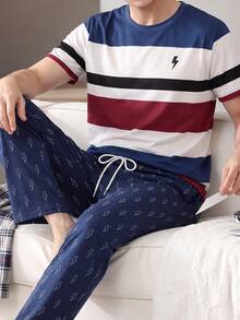 Men's Pajama Set, Contrast Stripe Short Sleeve + Lightning Print Long Pants, 2 Pieces Loungewear - Multicolor - View 5