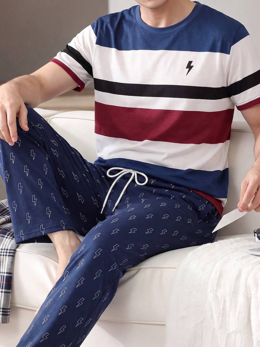 男士睡衣套裝,對比條紋短袖上衣 + 閃電印花長褲,2件式居家服 - 彩色 - 查看 1