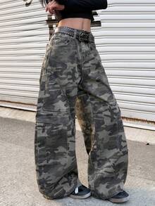 1pc Japanese Street Style Women's Multi-Pocket Curved Leg Loose Comfortable Wide Leg Jeans Long Pants (This Product Does Not Include Belt/Accessories) - Grey - View 10