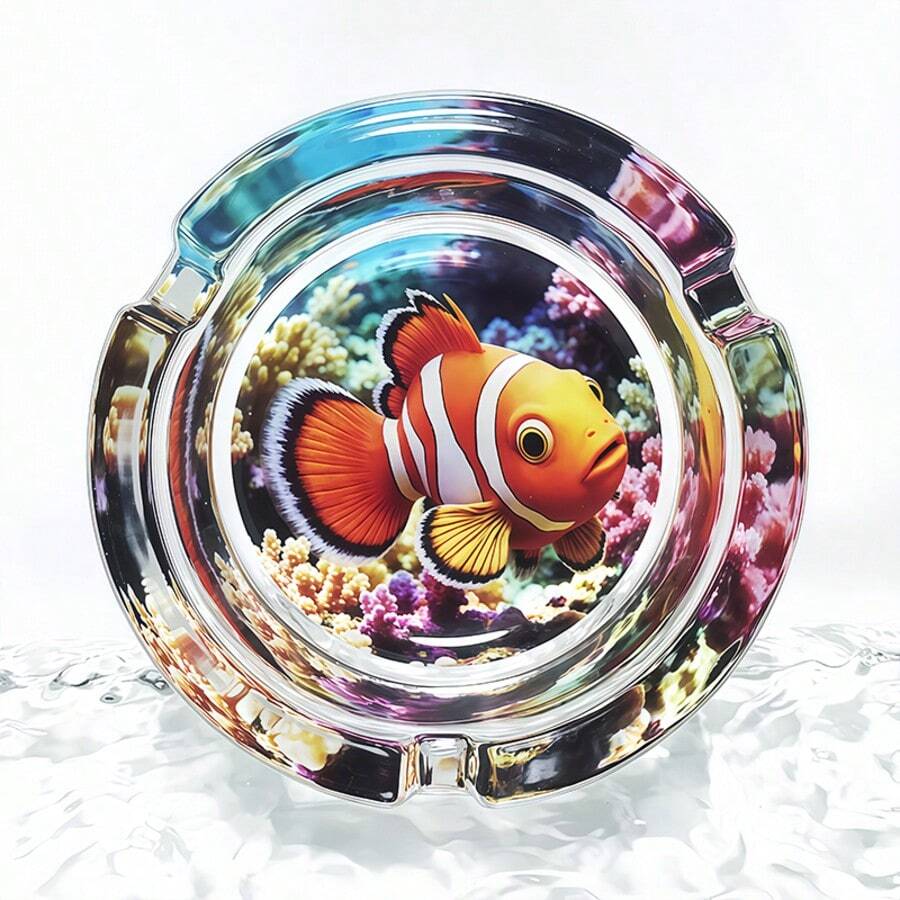 珊瑚礁小丑魚創意圖案玻璃菸灰缸,3.34英吋圓形菸灰缸裝飾,居家裝飾菸灰缸,送給朋友的禮物 - 魚 - 查看 1