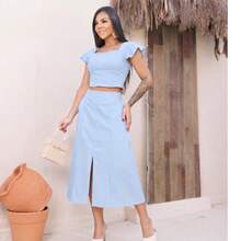 Women's Tailored Cropped Ruffle Sleeve Midi Skirt Set Front Slit High Waist Elegant Women's Fashion ✨ - 淺藍色 - 查看 3
