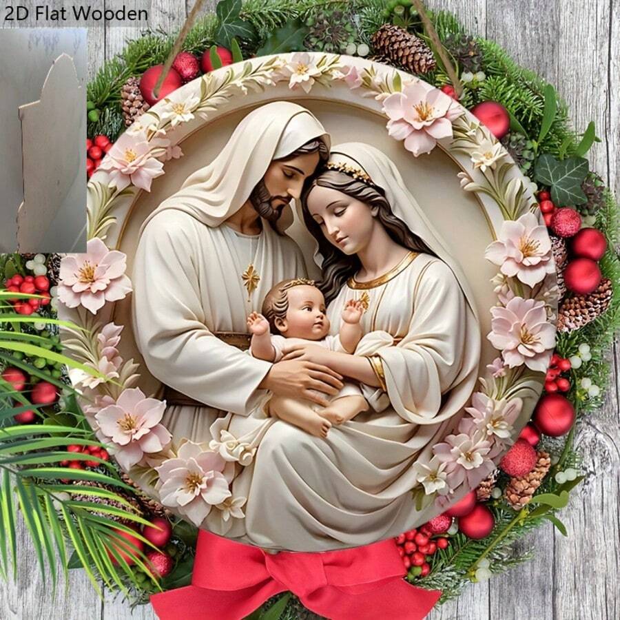 2D Flat Christmas Scene Pink Wooden Hanging Plaque - Pink Wreath Jesus Round Door Decor, Ideal Christmas Decoration For Front Door And Wall, Pre-Drilled Holes, Style As Shown In Size Chart - Multicolor - View 1