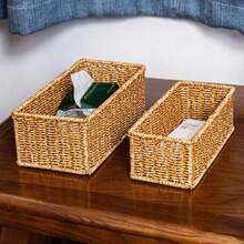 Rectangular Woven Storage Basket, Handmade Natural Seagrass Storage Box, Sturdy Open Decorative Container, Suitable For Bedroom Vanity, Bathroom Countertop, Kitchen Cabinet, Wardrobe - Multicolor - View 4