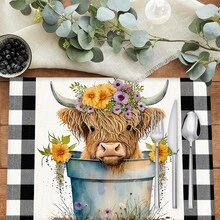 1pc/4pcs/6pcs Highland Cow Pattern Printed Linen Placemats, Rectangular Table Mats, Washable, Easy To Clean, Plate Mats, Bowl Mats, Western Style Placemats, Suitable For Kitchen, Dining Room, Family Gatherings, Coffee Table And Daily Table Decoration - Multicolor - View 8