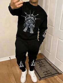 2pcs/Set Teen Boys Creative Personalized Print Loose Long Sleeve Crew Neck Sweatshirt + Sweatpants Set, Solid Color Crew Neck Sweatshirt, Suitable For Daily Wear, School, Music Festivals, Vacations, Commuting. - Black - View 1