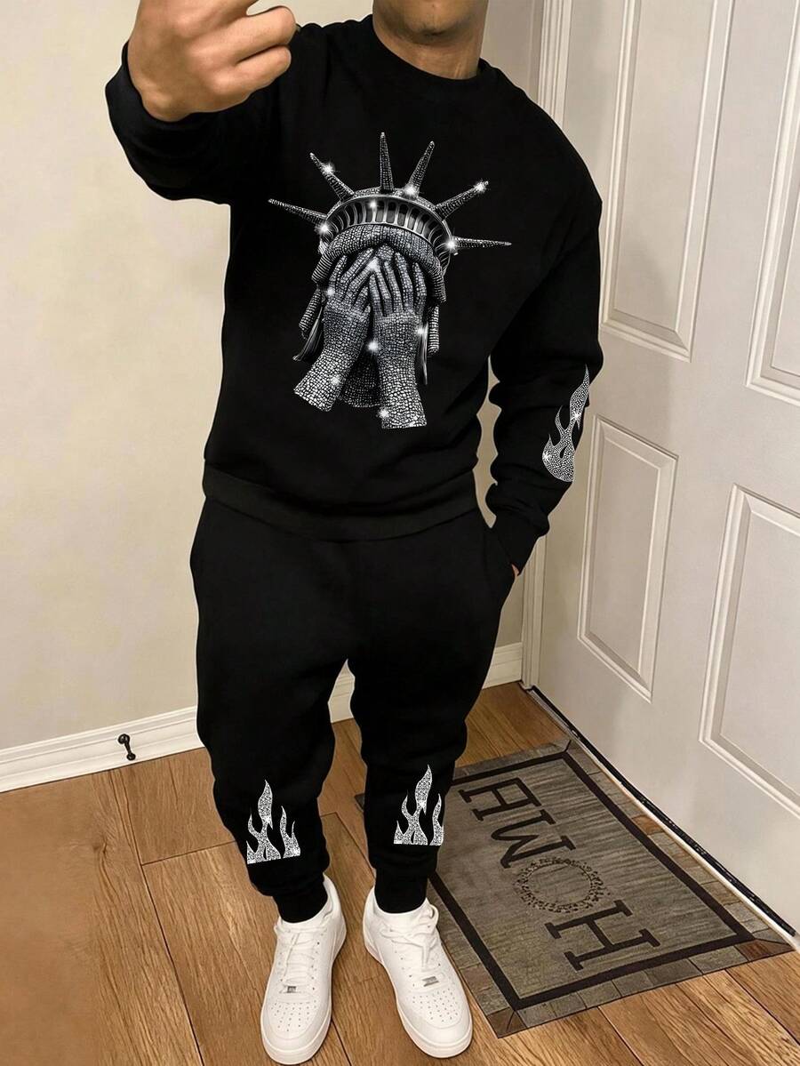 2pcs/Set Teen Boys Creative Personalized Print Loose Long Sleeve Crew Neck Sweatshirt + Sweatpants Set, Solid Color Crew Neck Sweatshirt, Suitable For Daily Wear, School, Music Festivals, Vacations, Commuting. - Black - View 1