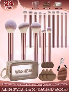 Set de 24 piezas de herramientas de maquillaje todo en uno color café y oro rosa, 15 piezas de brochas de maquillaje para rostro y ojos, almohadillas de esponja para el pulgar, borlas de polvo de terciopelo triangular, rizador de pestañas, limpiador de brochas de silicona y bolsa de lavado cosmética impermeable, kit de belleza portátil de viaje para principiantes de maquillaje - Multicolor - Ver 12