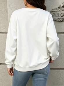 Women's Plus Size Warm Fleece Crew Neck Sweatshirt, Long Sleeve Loose Fit Solid Color Casual Pullover Basic Sweat Top - White - View 3
