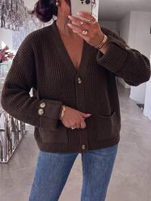 Plus Size Women Solid Color Casual Versatile Daily Wear Cardigan - Coffee Brown - View 1