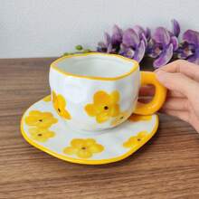 Set Cangkir dan Piring Keramik Underglaze Motif Bunga Lukis Tangan 300ml, Set Cangkir Teh Sore & Set Cangkir dan Piring Kopi - Pola bunga berwarna oranye-kuning - View 6