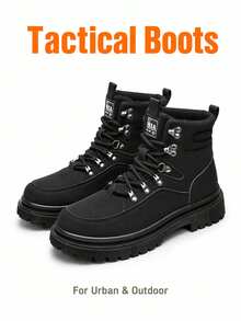 GAISIMA New Men's Colorblock Trim Army Green Anti-Slip Thick Sole High-Top Leather Riding Boots, Autumn/Winter Retro Outdoor Workwear Ankle Boots - Black - View 5