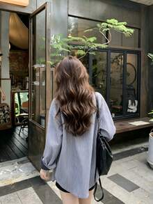 New Women's Spring/Summer Vertical Striped Shacket, Niche Design Loose Fit Blouse, Korean Style Vintage Long Sleeve Top - Black - View 2