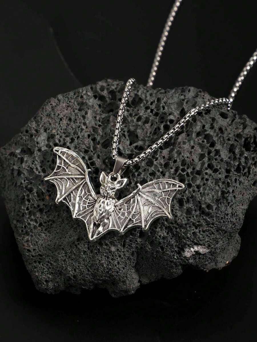 Vintage Gothic Punk Style Fashion Skull Bat Necklace, Gothic Halloween Dark Bat Pendant Necklace For Men And Women - Silver - View 1