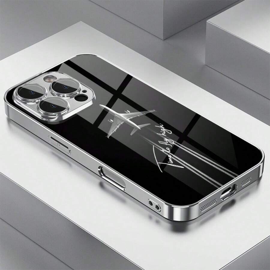 1pc Minimalist Cool Airplane English Pattern Glass Material Phone Case Compatible With IPhone - Silver - View 1